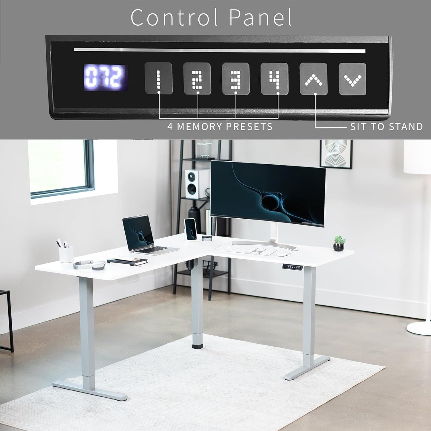 VIVO Electric Corner L-Shaped 63 x 55 in Standing Desk, Memory Height Adjustment, White Top Gray Frame, DESK-E3CTGW