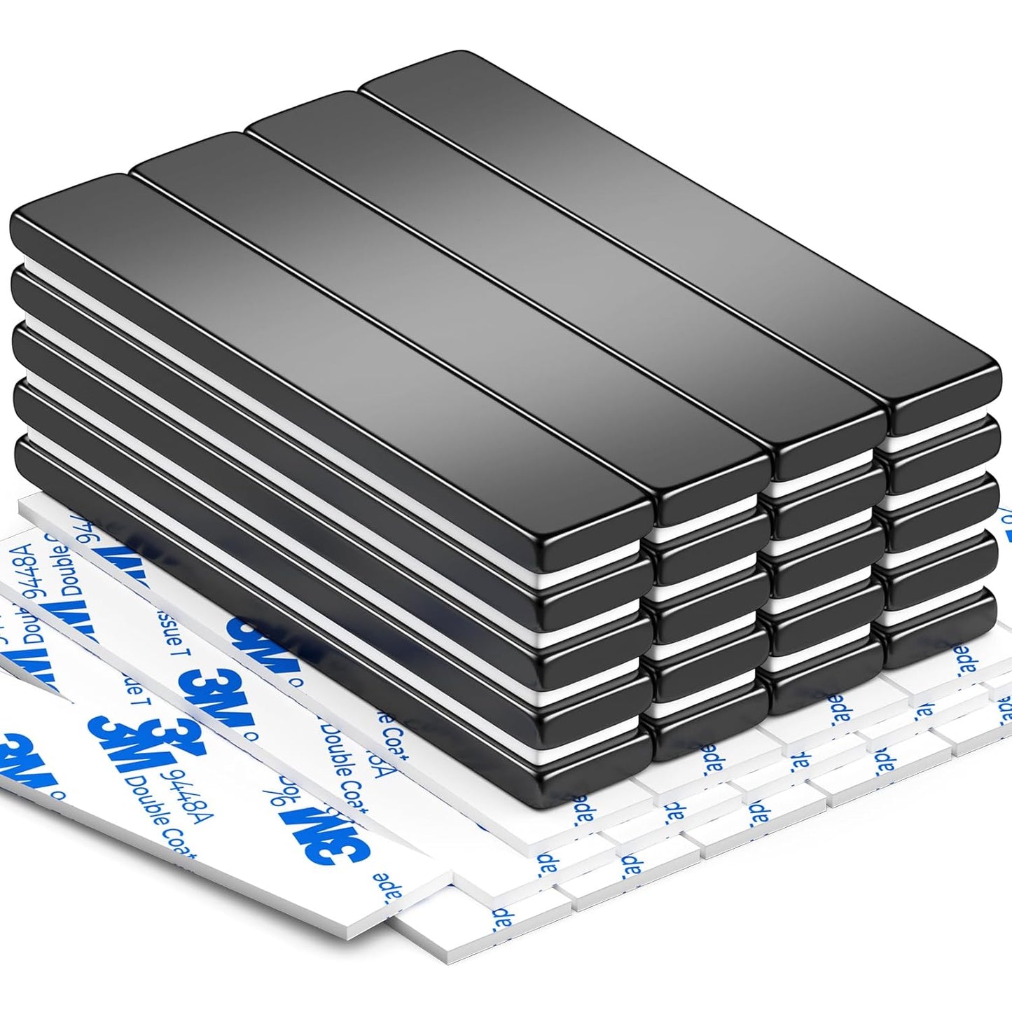 Grtard 20 Pack Bar Magnets, 60x10x3mm Permanent Rare Earth Magnets Bar, Powerful Magnets Heavy Duty Magnet Strips with Double-Sided Adhesive for Garage, Kitchen, Science, Whiteboard