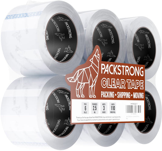 Packstrong Industrial Grade Clear Packing Tape 6 Rolls - 110 Yards per Roll - 3" Wide x 2.5 mil Thick, Acrylic Adhesive Heavy Duty Tape for Box Office Moving Packaging Shipping