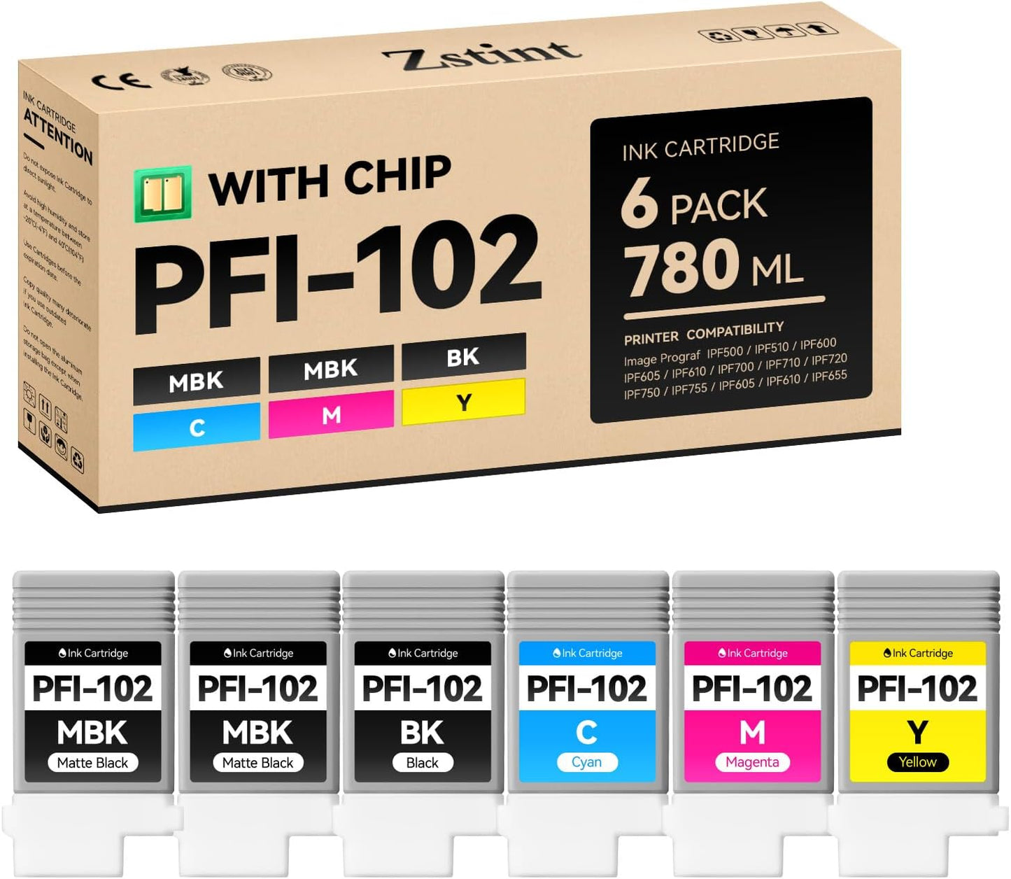 PFI-102 Ink Tank 6-Pack 130ml PFI102 Ink Cartridges Compatible with Canon imagePROGRAF iPF500 iPF510 iPF600 iPF605 iPF610 iPF650 iPF655 iPF700 iPF710 iPF720 iPF750 iPF755 iPF760 iPF765 Inkjet Printer