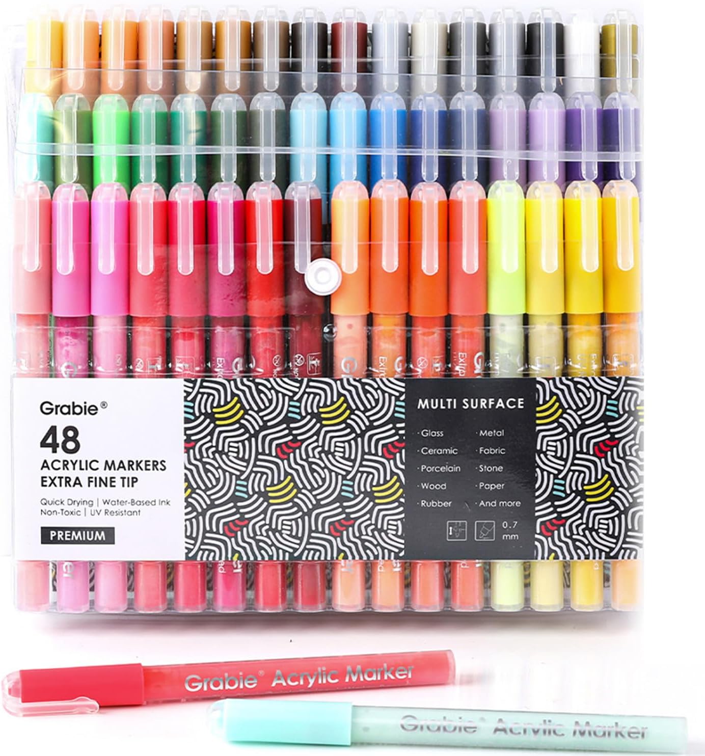 Grabie Acrylic Paint Pens Markers, 48 Colors, 0.7 mm, Extra Fine Tip Drawing Markers, Premium Paint Pens for Painting on Various Surface, Art Supplies