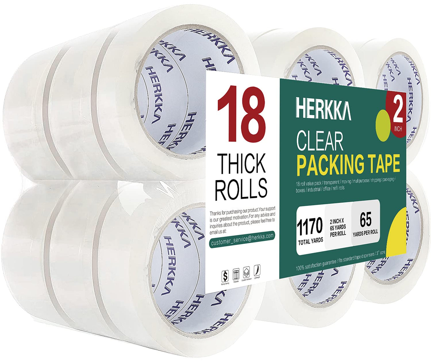 HERKKA Clear Packing Tape, 18 Rolls Heavy Duty Packaging Tape for Shipping Packaging Moving Sealing, Thicker Clear Packing Tape, 2 inches Wide, 65 Yards Per Roll, 1170 Total Yards