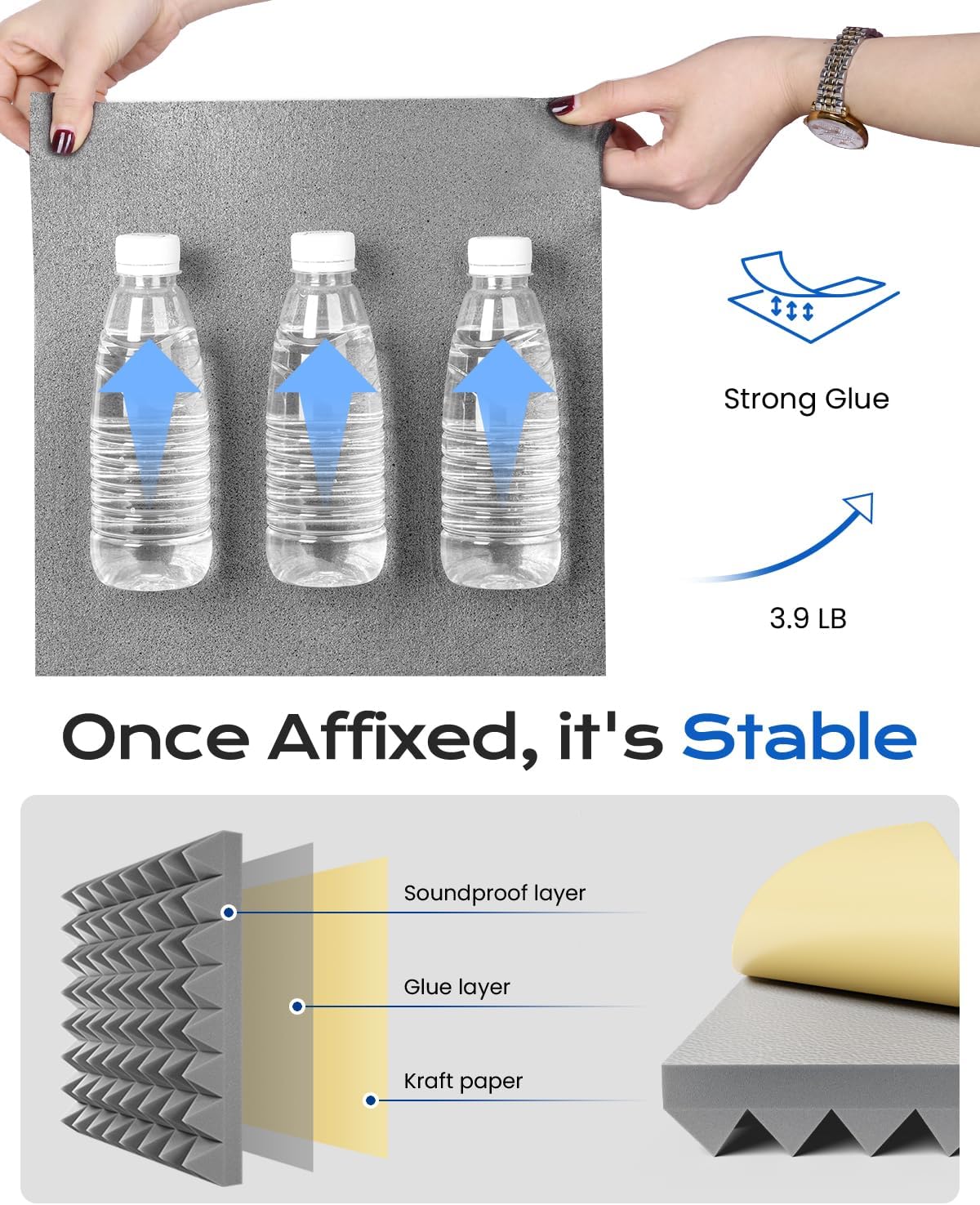 Sonicism Acoustic Panels Self-Adhesive 48 Pack Pyramid 2"X12"X12" Soundproof Wall Panels Fast Expand Sound Proof Foam Panels for Walls 35kg/m³High Density,Sound Absorption & Decoration,Gray