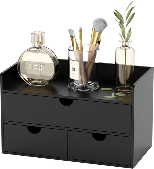 Bamboo Desk Organizer with Drawers Desktop Storage Drawers for Bills Office Supplies Kitchen Utensils Organizing Tool for Home Classroom Organization No Assembly (Black with Shelf)