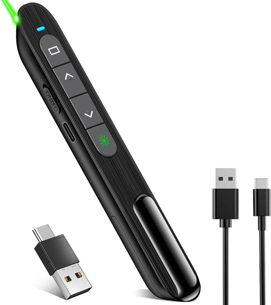 Presentation Clicker for Powerpoint with Green Light Pointer, 2-in-1 USB Type C Rechargeable Wireless Clicker with Hyperlink Volume Control, Pointer for Presentations Support Mac Windows