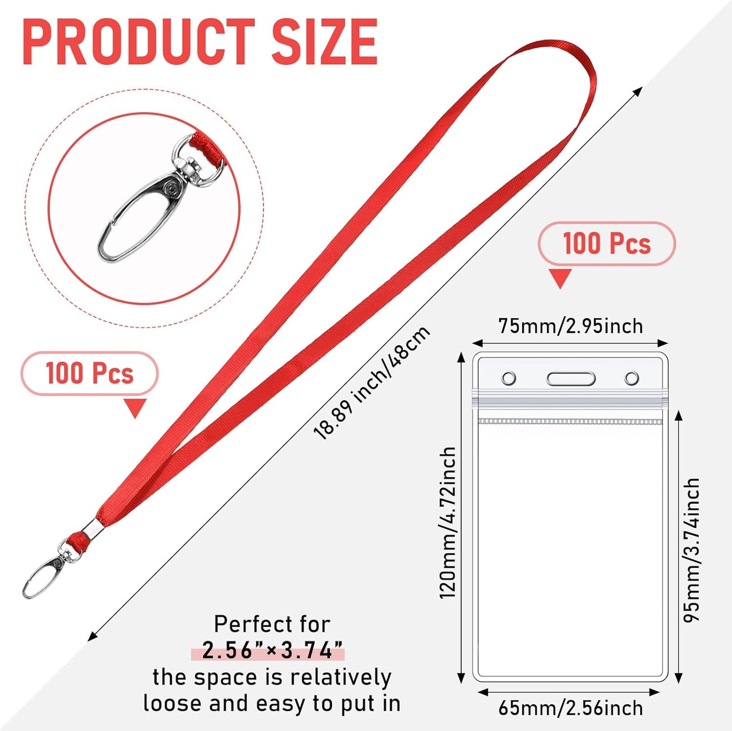 Fumete 100 Sets Name Tag Lanyards with ID Badge Holder Durable Clear Cruise Teacher Lanyards with Plastic Waterproof ID Badge Holders Bulk for Adults Teacher School Office Ship Cards(Red)