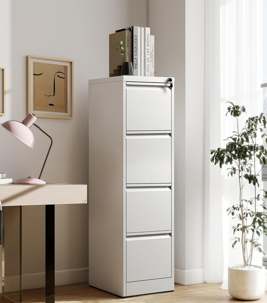 4-Drawer Locking Vertical File Cabinet, Metal Storage Cabinet for Office/Home – Secure Vertical Filing for Letter/Legal/A4/F4 Documents, Easy to Assemble Steel Cabinet (White, 4 Drawer-52 H)