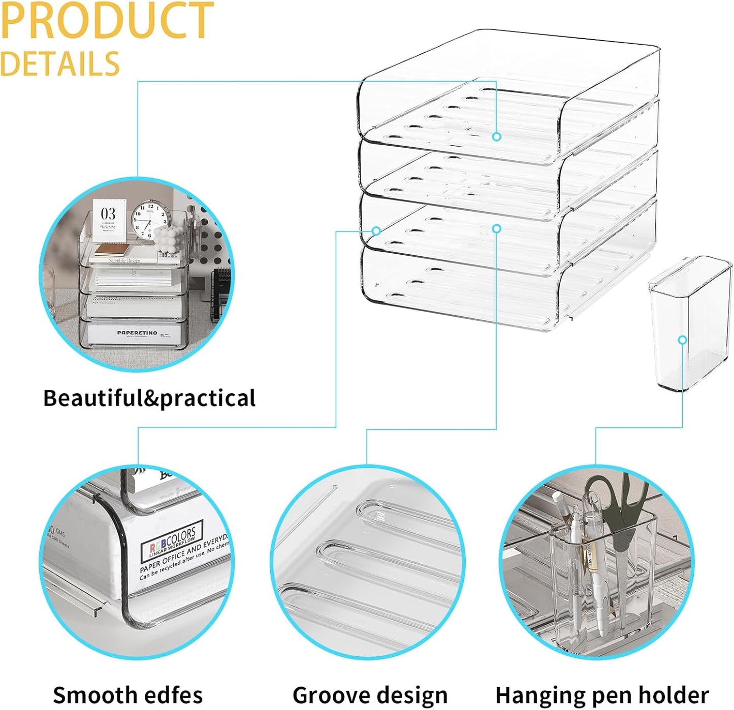 4-Tier Acrylic Paper Tray Organizer with Pen Holder | Clear Stackable Desk Organizer for Documents, Letters, A4 Paper | Modern Office/Classroom/Home Organization