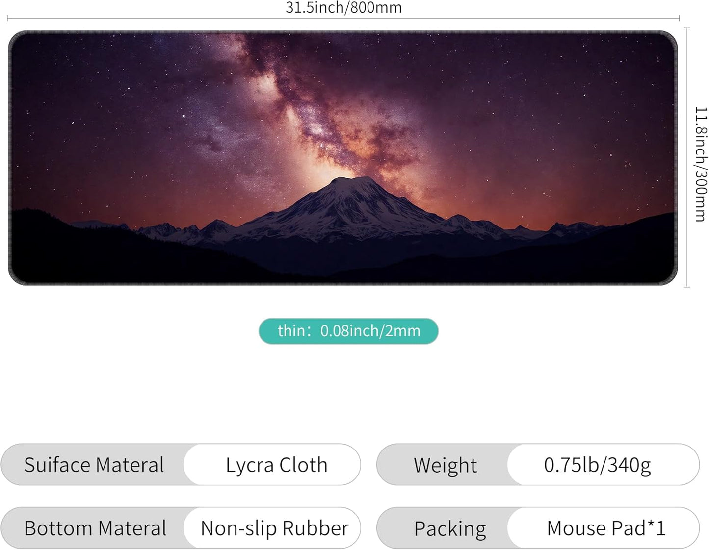 Dynippy Thin Extended Gaming Mouse Pad （31.5 * 11.8 * 0.08 inch） with Stitched Edges Large Mousepad Long XXL Keyboard and Mouse pad Desk Mat for Gaming Office & Home - Mountain Under The Starry Sky