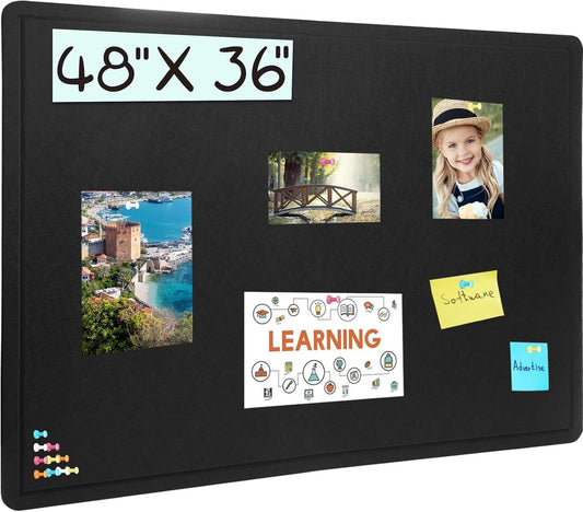 Large Bulletin Board, 48 X 36 inches Felt Board Notice Pin Board, 4' x 3'Cork Board Alternative for Wall, Self-Adhesive Vision Board Mood Board Foldable Photo Board with 30 Pushpin (Black)