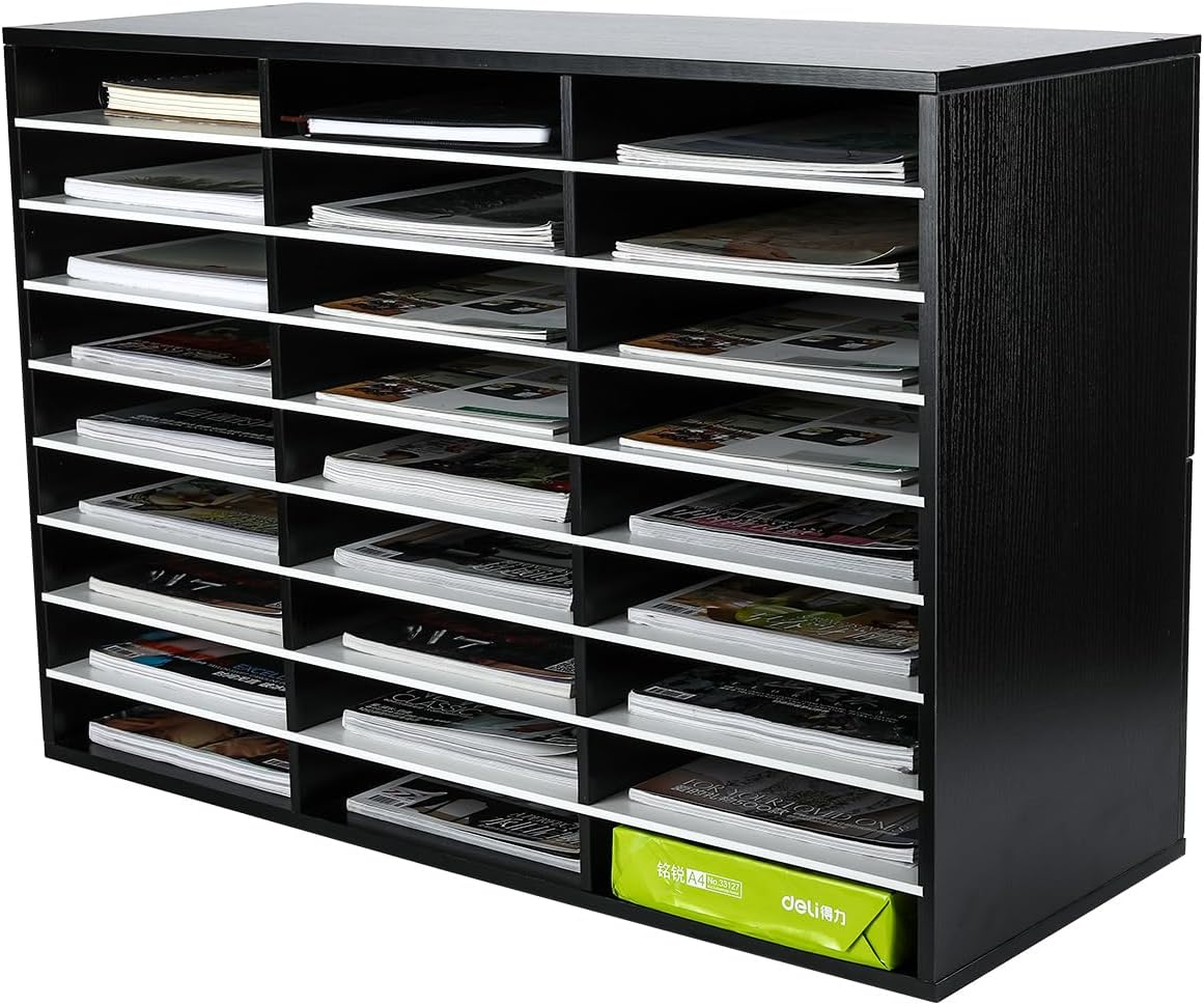 EasyPAG Mail Organizer Countertop, Wood Literature Organizer with Adjustable Shelves, Student Classroom Mailbox for School, Desktop Paper Sorter for Office Home, 27 Compartments, Black/White