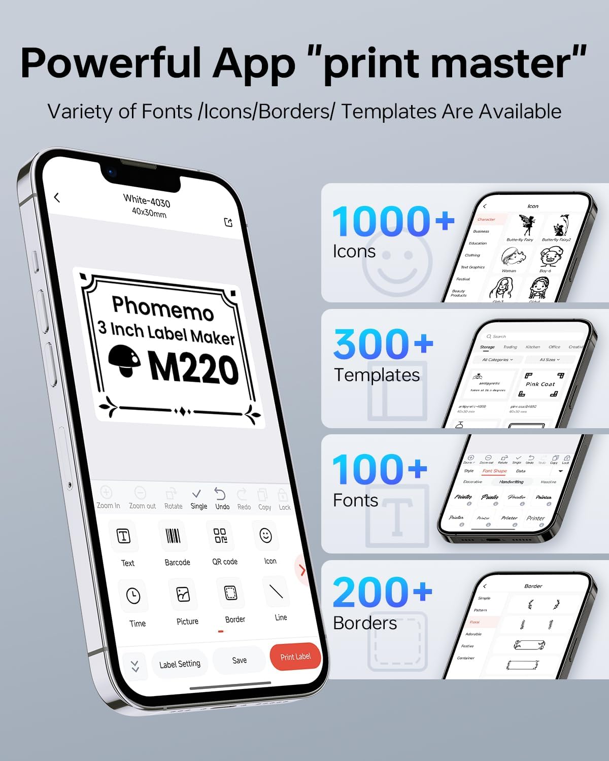 Phomemo Label Maker,M220 Label Printer,3 Inch Bluetooth Thermal Label Maker Machine with 6000+ Icons,700+ Templates,400+ Fonts,for Kids School Items,Small Business,Large Sticker