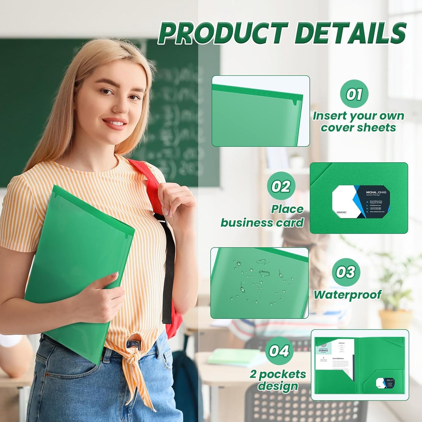Henoyso 100 Pcs Plastic Folders with Clear Front Pockets Bulk Heavy Duty File Folders with 2 Pockets and Card Slot for Student Teacher Back to School Supplies Office Presentation (Green)