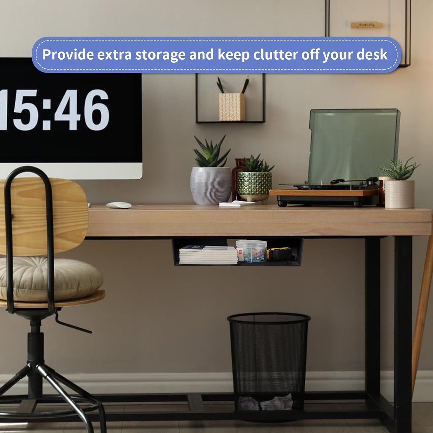 MOLIGOU Under Desk Storage Shelf, Under Desk Tray with Stick-On Felt Pad, Screw Mount Under Table Hidden Storage for Home Office, Kitchen Cabinet