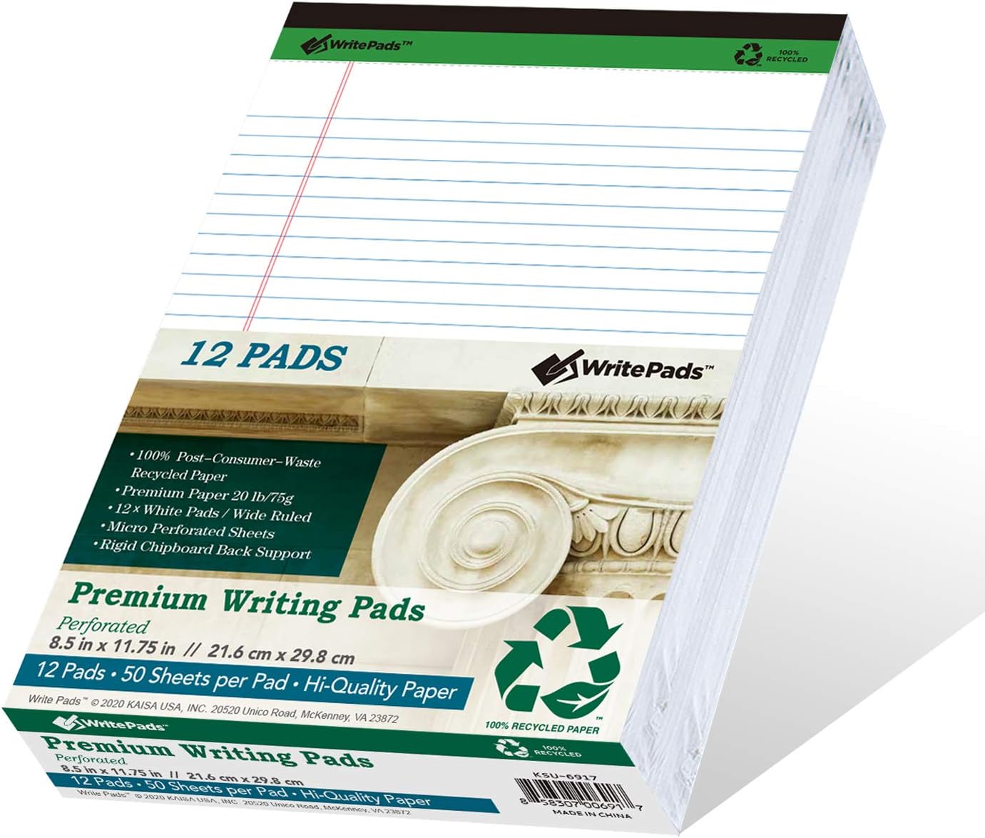 KAISA Thick Legal Pad Premium Writing Pads With Thick Chipboard Back Support, Wide Ruled 8.5x11 inch 20lb Recycled Paper Legal Pads, 50sheets/Pad,12pad, KSU-6917