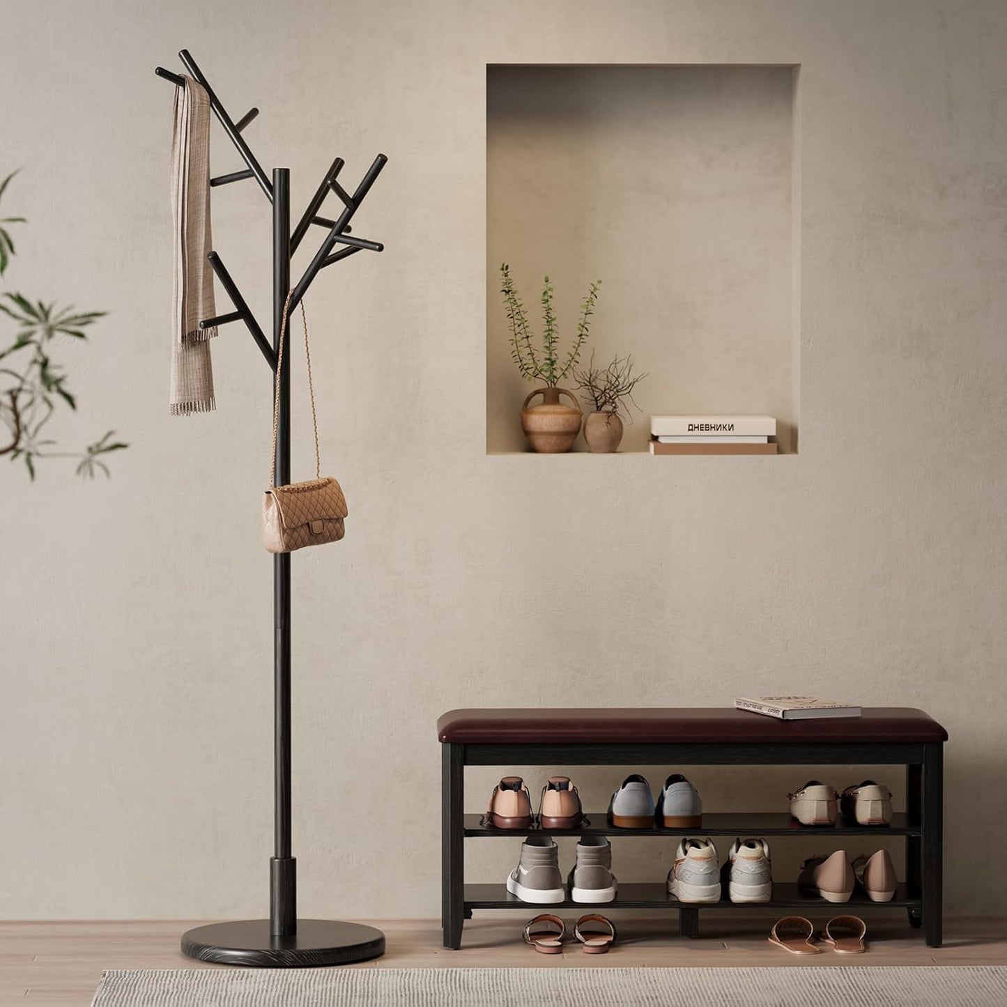 Coat Rack, Solid Wood Coat Rack Freestanding with 12 Hooks, Coat tree freestanding 3 Adjustable Heights for coat, Hats, Handbags， Coat Stand for Entryway, Bedroom (Black)