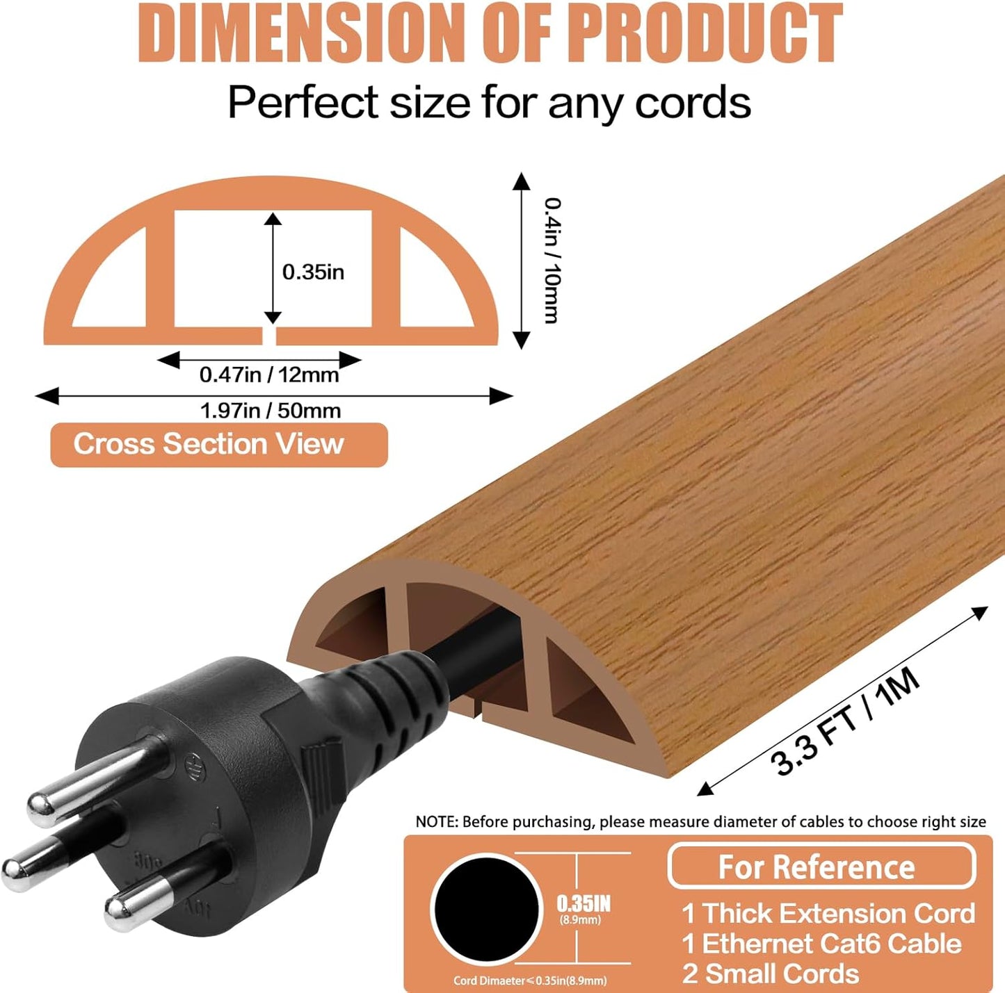 Floor Cord Cover Self Adhesive Cord Hider,3.3FT Cable Management, Extension Strip Protector for Wires, Prevent Cable Trips for Offices, Gyms, Exhibitions Cavity:0.47"(W) x 0.35"(H) Brown Wood