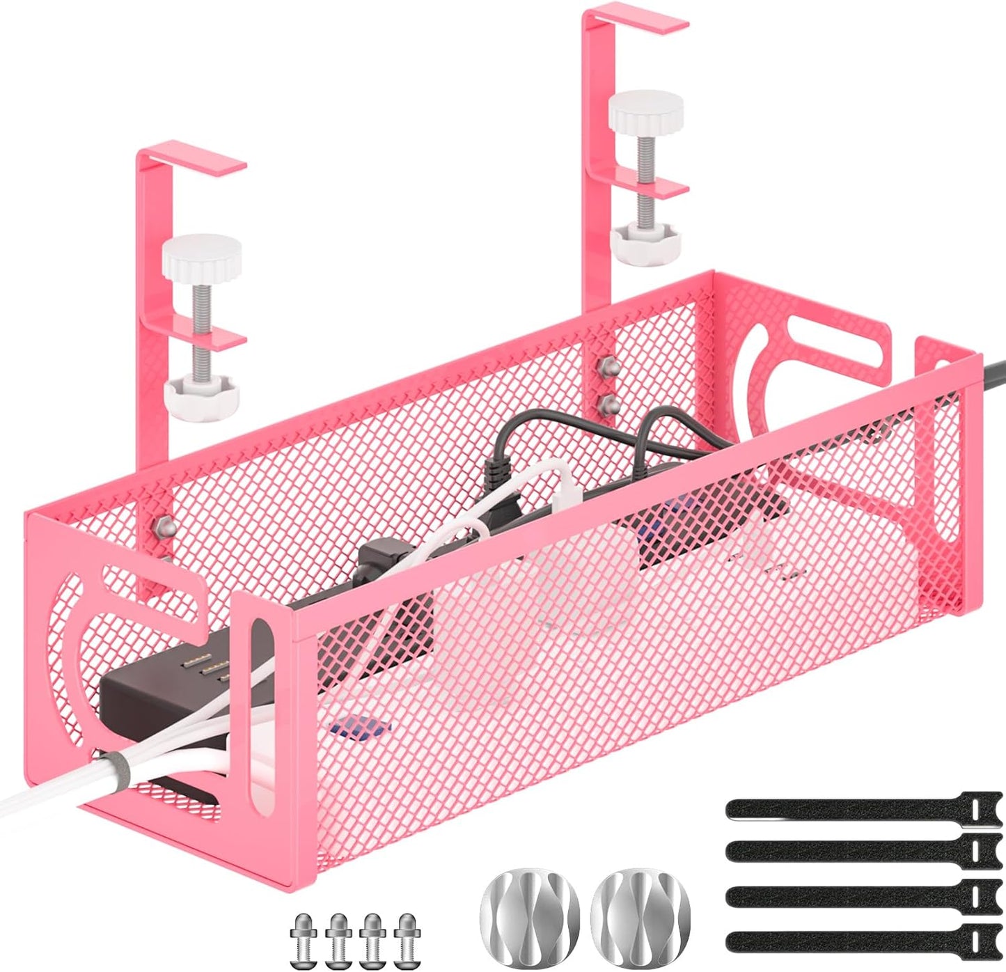 Under Desk Cable Management Tray, 15.7'' No Drill Steel Desk Cable Organizers, Wire Management Tray Cable Management Rack (1 Pack-Pink)