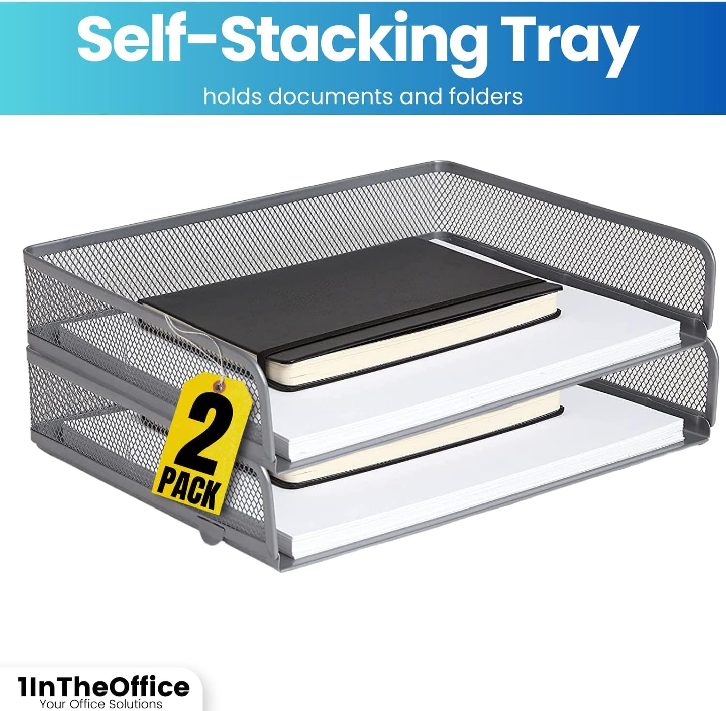 Stackable Side Load Letter Tray, Silver Wire Metal Mesh Paper Tray Organizer, "2 Trays"