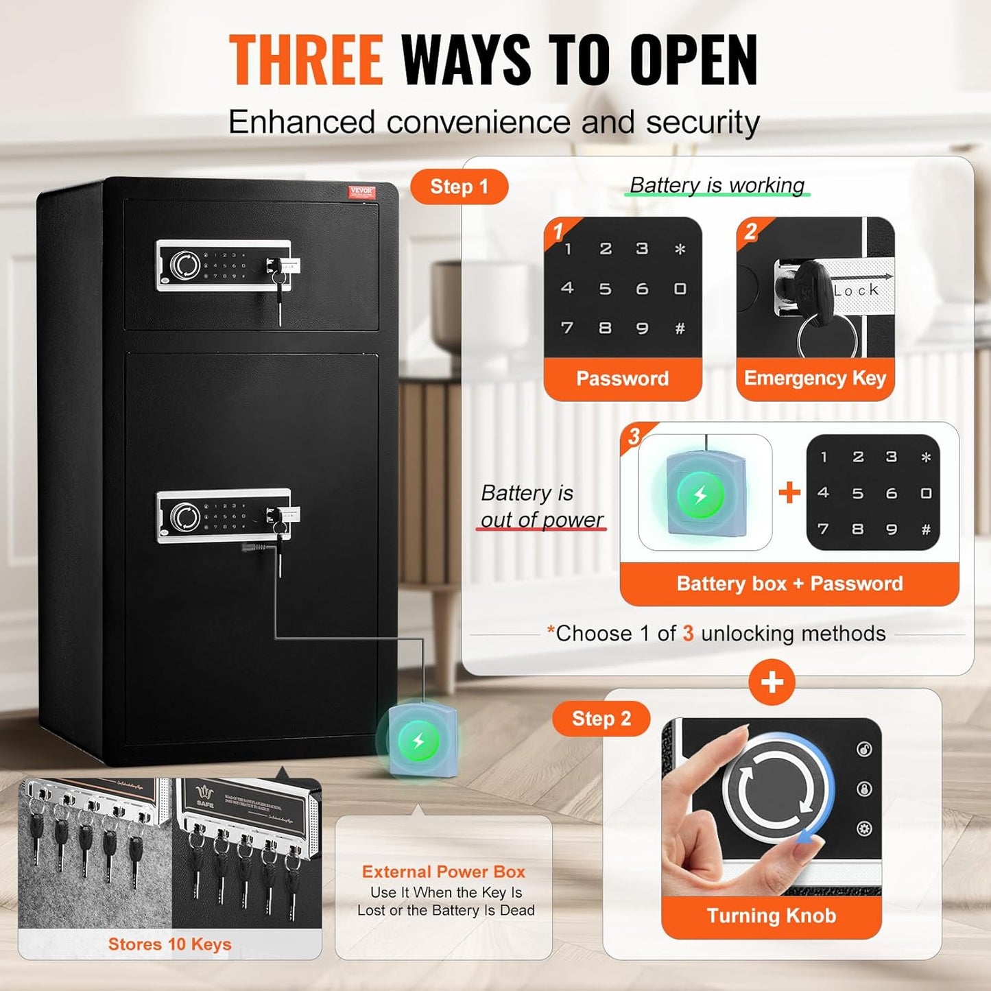 VEVOR Double Doors 7.2 cu.ft Safe Box with Key Lock & Password, Safe Lock Box with Fireproof Bag, Key Rack, LED Light and 2 Height Adjustable and Removable Divider for Money, Documents, Black