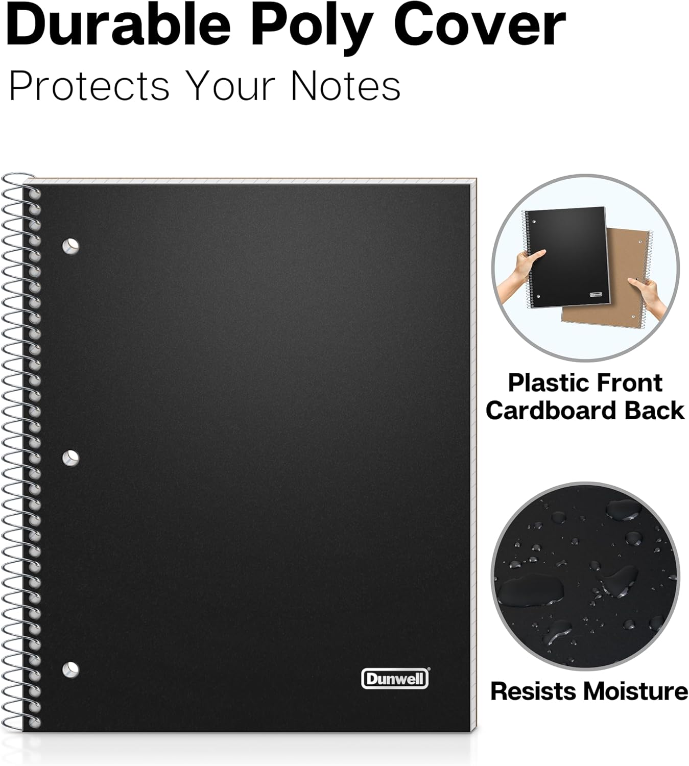 Dunwell Graph Paper Notebook 8.5 x 11 (Black) Plastic Cover, 100 Sheets (200 Pages), 4x4 Squares, 1 Subject Graph Paper Spiral Notebook, 1/4" Grid, Pocket Divider, Easy Tear-Off, 3-Hole Punched