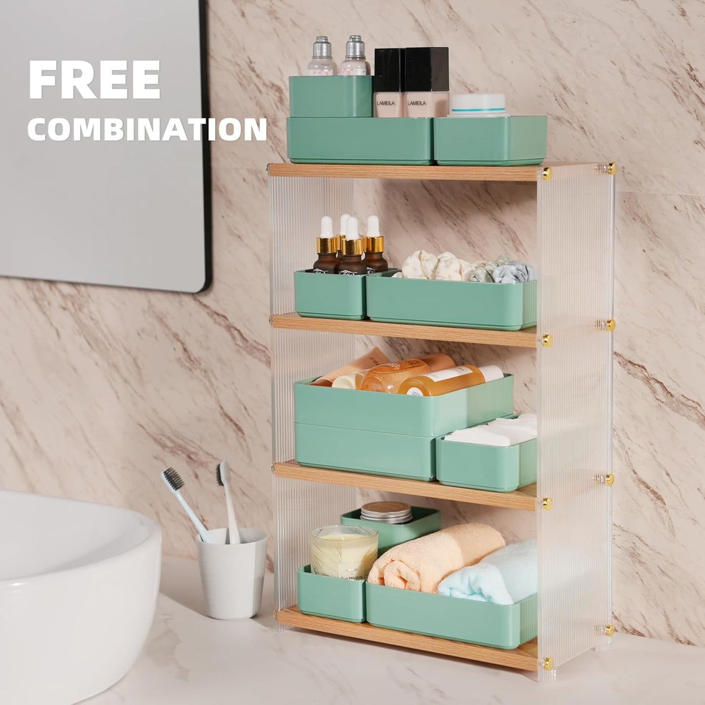 11-Piece Stackable Drawer Organizer Set, Multi-size Desk Drawer Organizer Trays Vanity Storage Bins for Storing Makeup, Stationery, Utensils in Bathroom Dresser, Office and Kitchen