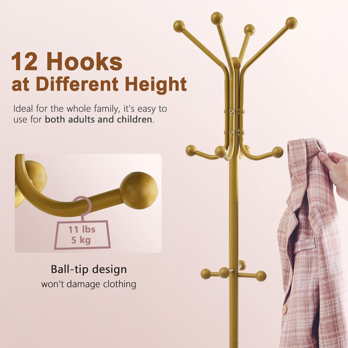 Hoctieon Coat Rack Freestanding, Coat Tree with Umbrella Holder, Metal Coat Rack Stand with 12 Hooks, Standing Coat Hanger Stand, Umbrella Stand for Entryway, Hat Rack Stand for Home Office, Gold