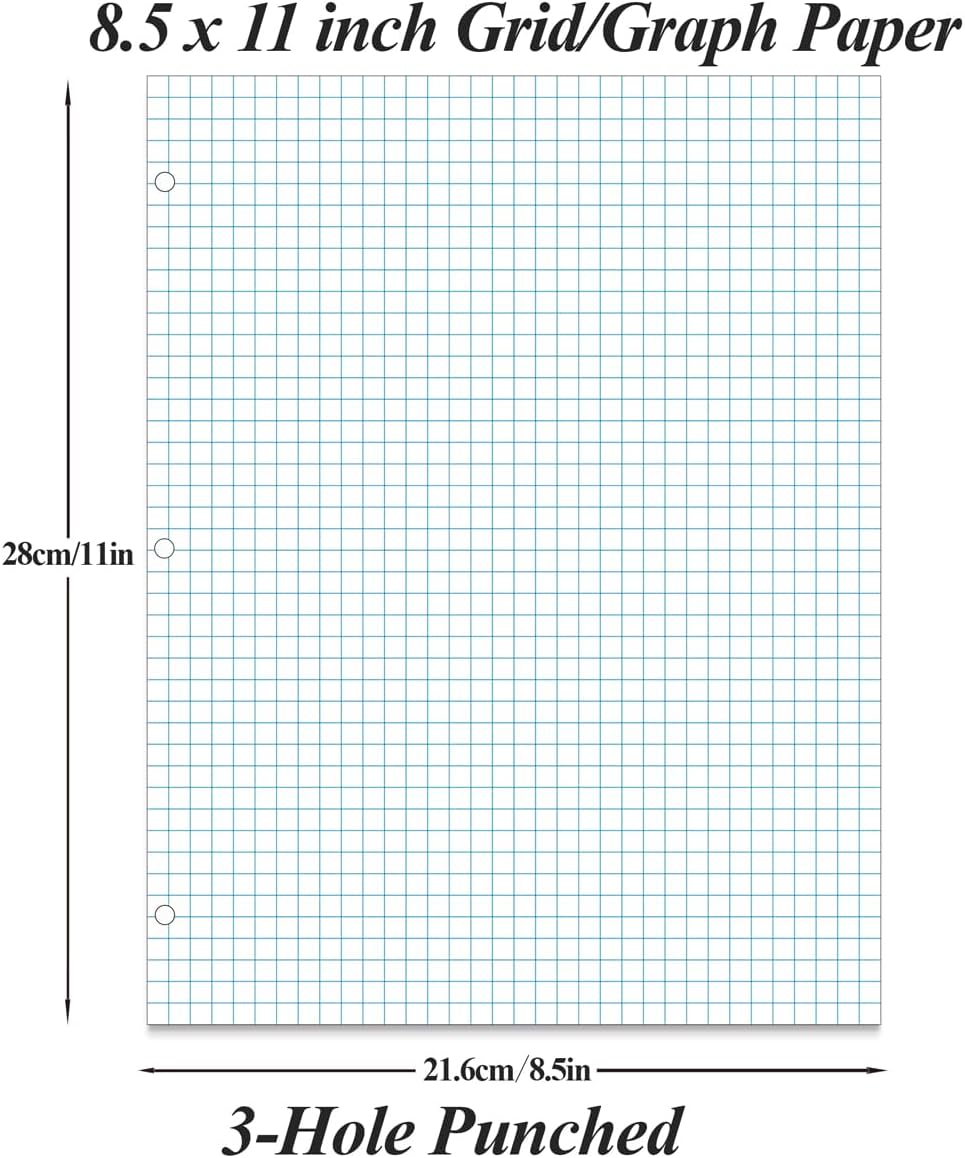 A4 Grid Filler Paper - 3 Hole Graph Paper, Letter Size 100Sheets / 200Pages Loose-Leaf Paper, 100gsm White Paper, 8.5'' x 11''