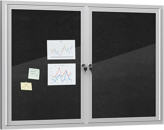 48"x34" Enclosed Bulletin Board, Outdoor Lockable Weather-Resistant Aluminum Cork Noticeboard for School & Office, Silver Frame w/Black Flet
