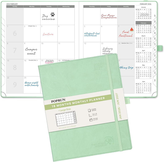 POPRUN Monthly Planner 2026-2027 (Large- 8.5" x 10.5" Soft Cover), 18-Month Calendar Book (Jan.2026 - Jun. 2027), Calendar Planner with Monthly Tabs & Pocket, 100 GSM Paper - Green