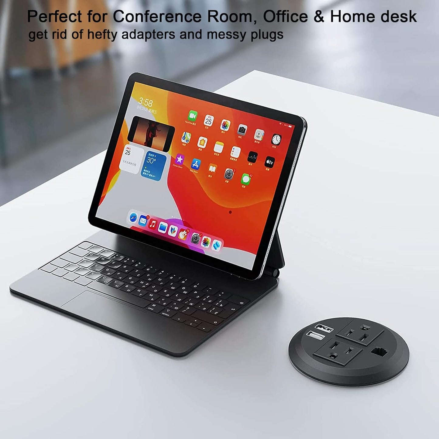 Power Grommet 3 Inch for Desktop, Recessed Desk Outlet with 2USB, 2 AC, 1 Network RJ45 Port & 10Ft Cord, Flush Mount Power Strip Table Power Hub for Countertop, Office, Furniture(Black)