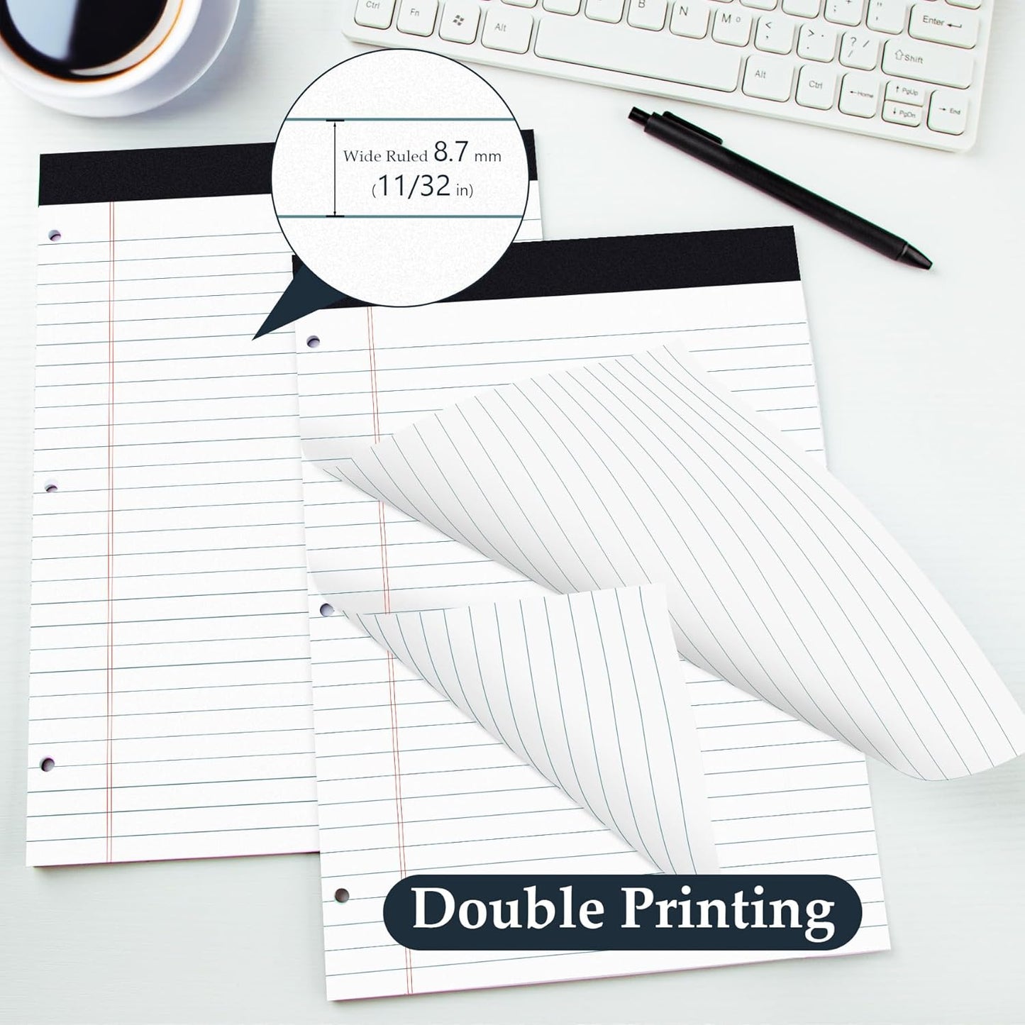 HAUTOCO 2 Pack 8.5 x 11 Legal Pads White Wide Ruled Notepads Perforated Writing Pads, 30 Sheets Per Notepad, 3-Hole Punched Paper, Writing Note Pads for School, Home, Office, Business