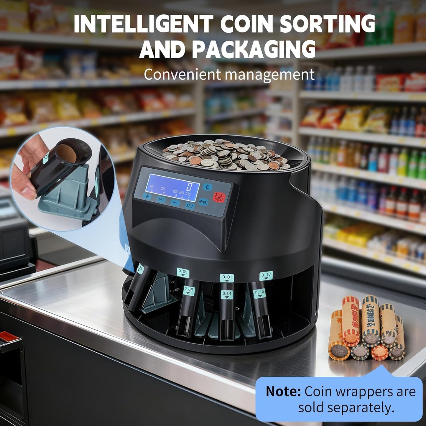 High Speed USD Coin Counter,efficient Counting of 300 Coins per Minute,Precise Counting on LCD Display Screen,Integrated Automatic Packaging Drum,Expert in handling Bank and Shop Change