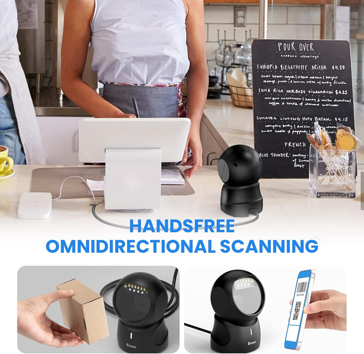 Eyoyo Barcode Scanner, QR 2D Hands-Free Omnidirectional Automatic Sensing Scanning USB Desktop Barcode Scanner, Wired Bar Code Reader Screen Scanning for POS PC Supermarket Library Retail Bookstore