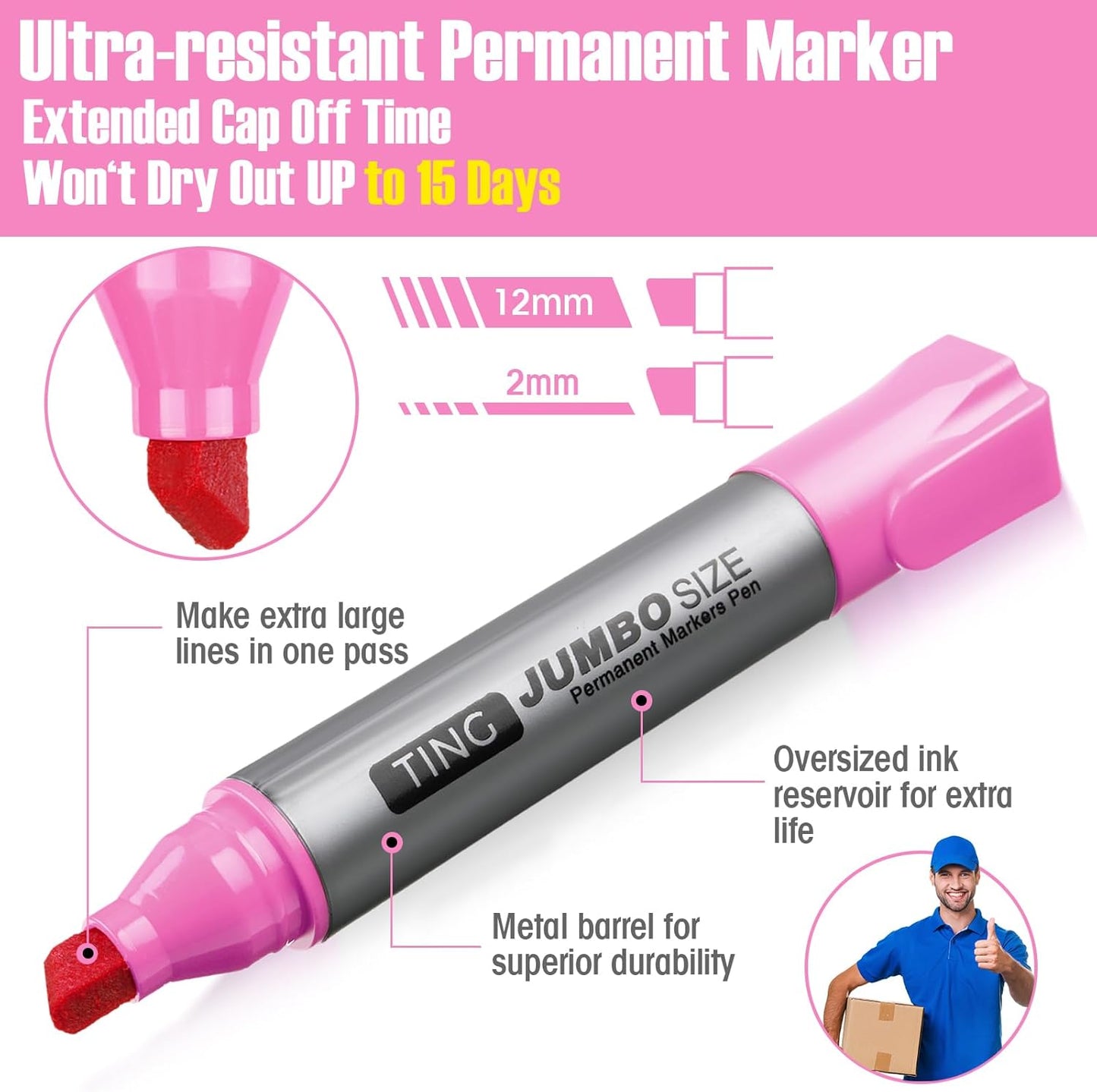 Fuutreo 10 Pack Jumbo Permanent Markers Bulk Large Chisel Tip Permanent Markers Quick Drying Waterproof Big Huge Poster Pens for Office, Logistics Company and More(Pink)