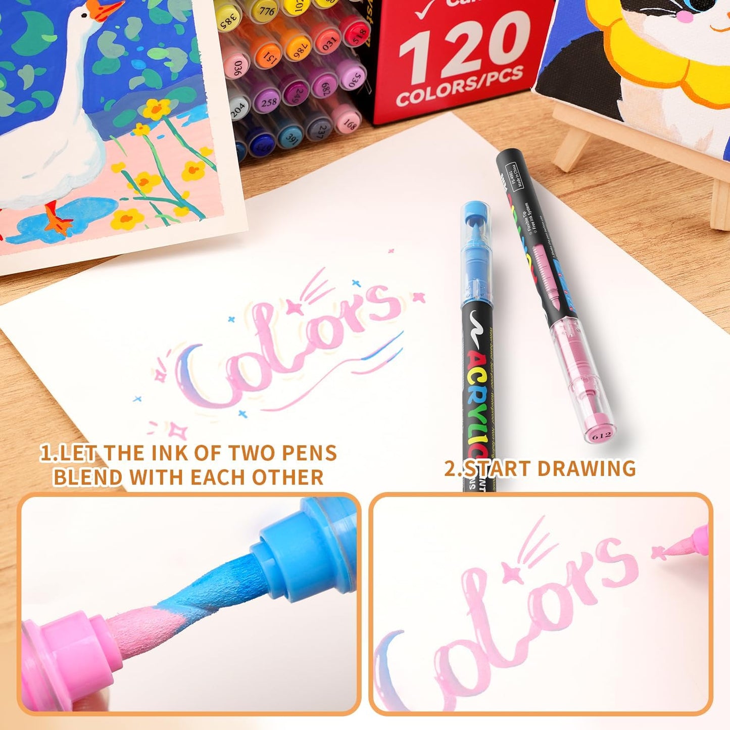 120 Colors Acrylic Paint Markers, Soft Brush Tip Acrylic Markers Set, Paint Pens for Wood, Fabric, Canvas, Glass, Stone, Canvas, Rock Painting and DIY Crafts Art Supplies