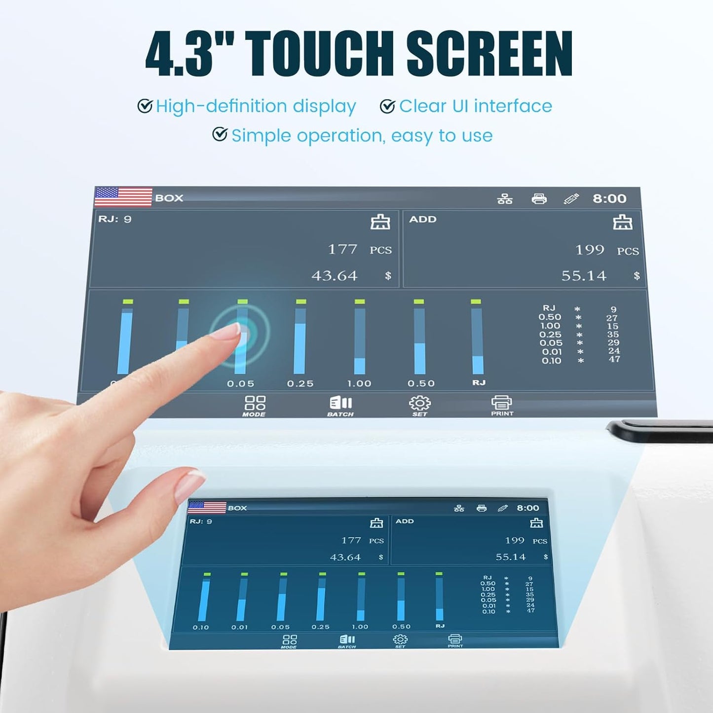 NUCOUN C200 Coin Counter Bank Grade, Heavy Duty 3-Pocket USD Coin Sorter,4.3-inch Touch Screen,High Speed 610 Coins/min, Printer Enable, Two-Year After Service