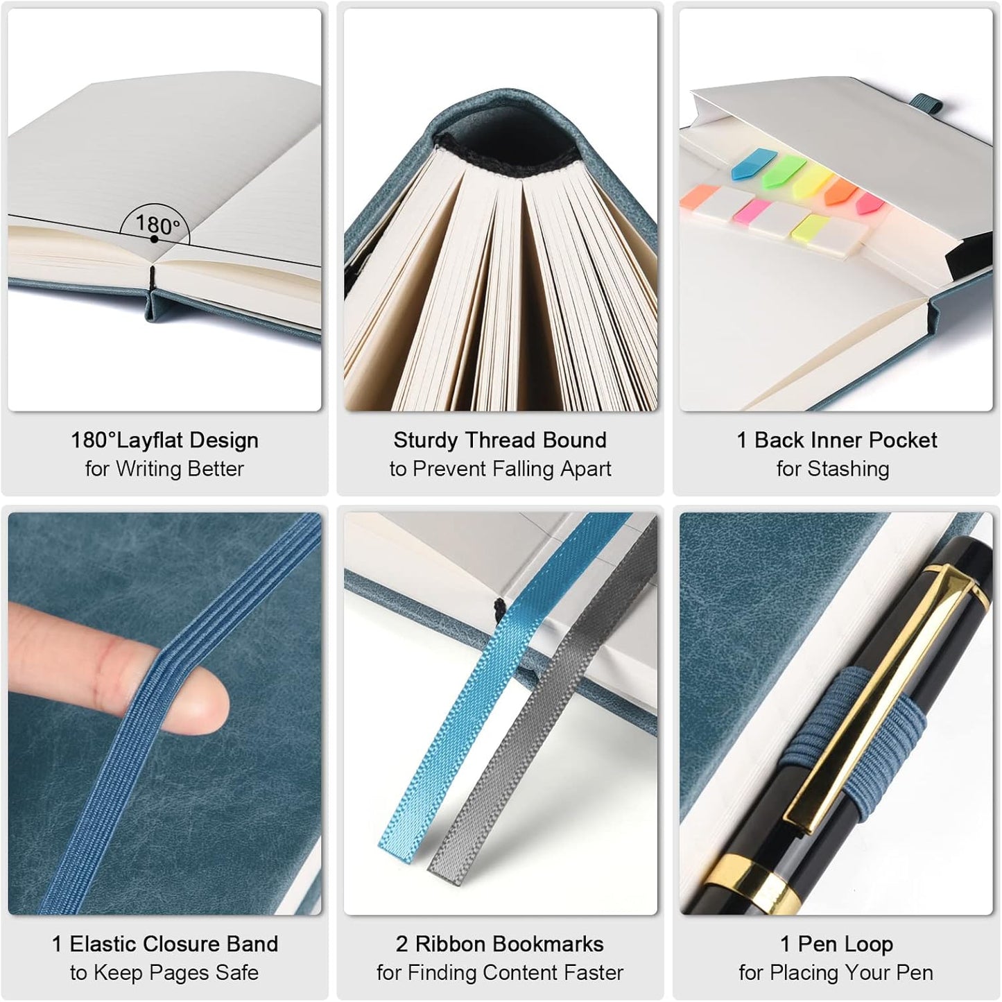 5 Pack College Ruled Notebook, 312 Numbered Pages Thick Notebooks Bulk, 100gsm No Bleed Paper Hardcover Leather Journal, Lined Journal Notebook Set for Women Men School Office, A5, Multicolor