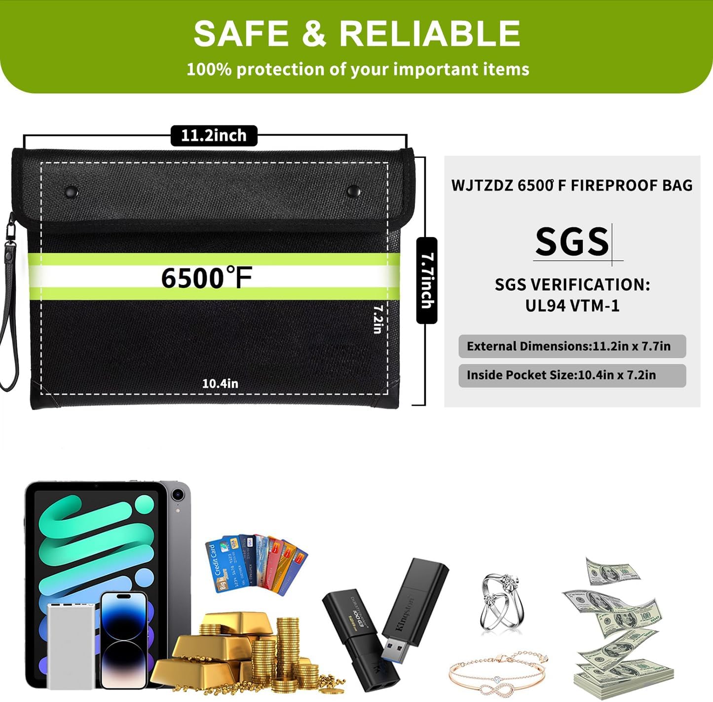 6500°F Fireproof Document Bag with Lock, Upgraded Fireproof/Waterproof Money Bag with Zipper/Reflective Strip,Storage Pouch for Cash,Cell Phone,Passport（Not Suitable for A4 Files）