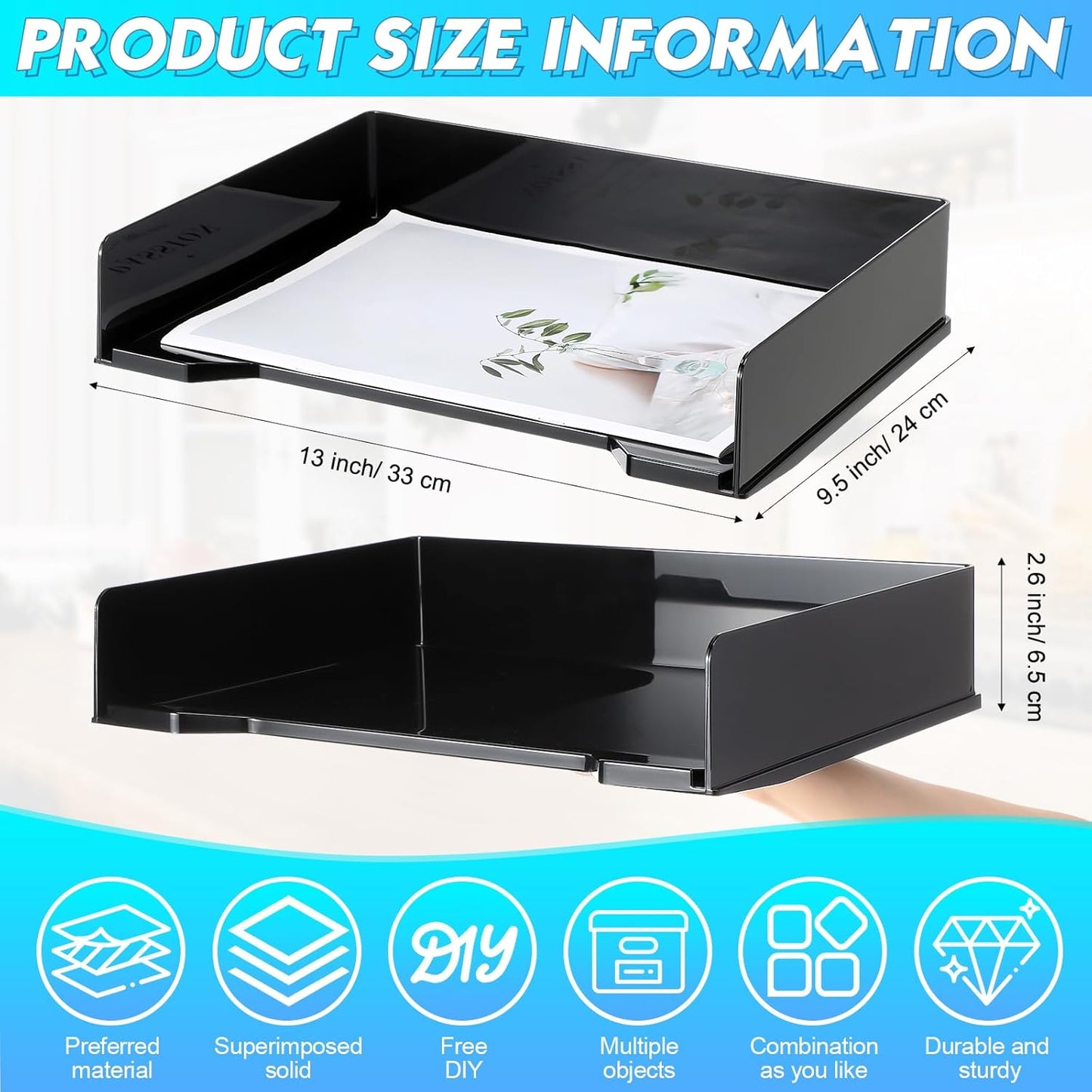 4 Pcs Stackable Letter Tray Rectangular Plastic Desk Organizer 13 x 9.5 x 2.6 in Paper Holder File Tray Accessories Rack for Desktop Office Desk Drawers (Black)