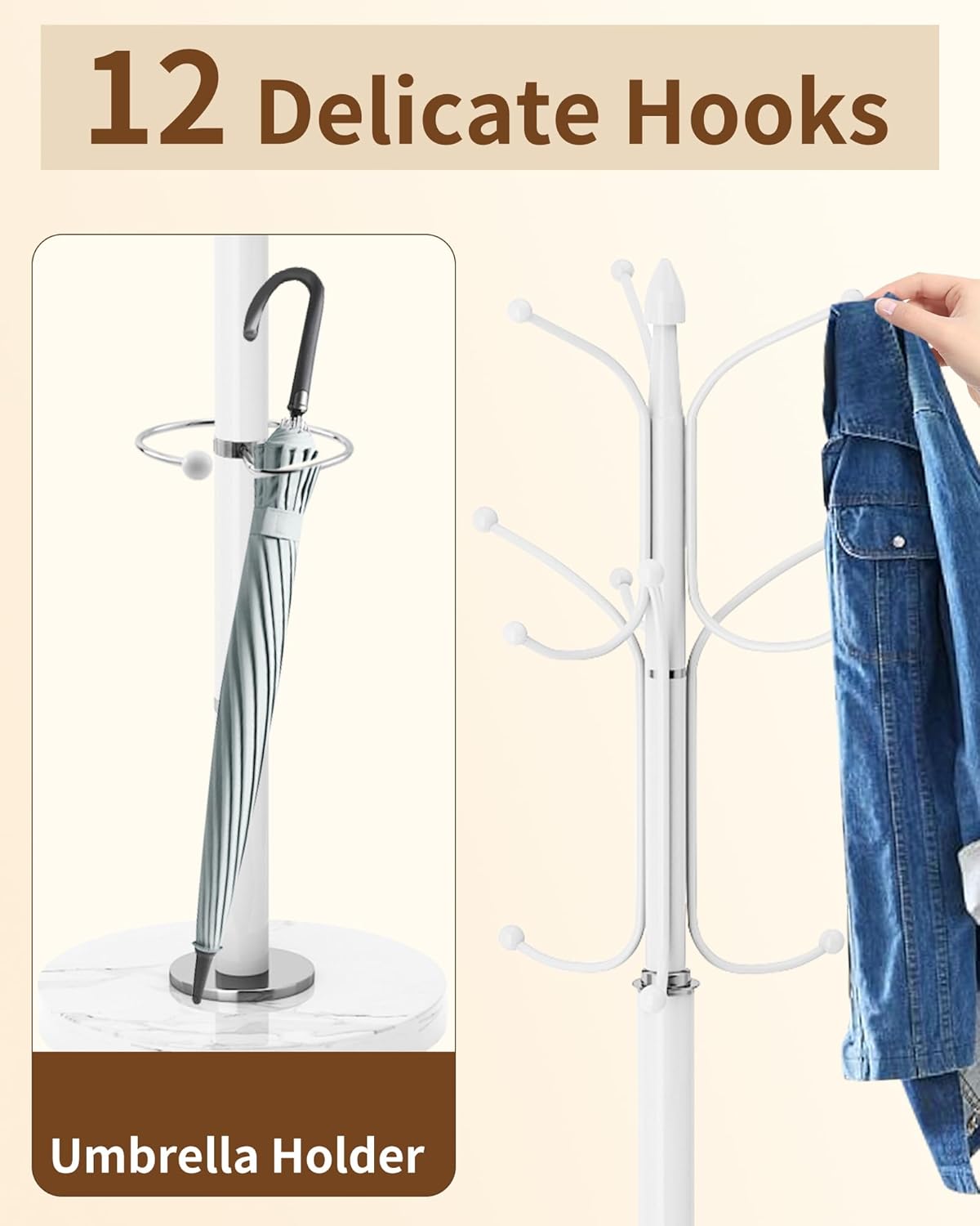 EZIVIEZ Modern Coat Rack Stand, Metal Freestanding Coat Rack with Natural Marble Base, Heavy-Duty Coat Racks with Umbrella Holder,White Coat Hanger Stand with 12 Hooks for Office, Entryway, Hallway