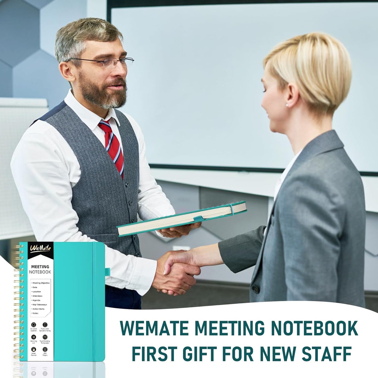WEMATE Meeting Notebook for Work B5 (7"x10") - PU Leather Work Notebook with Agenda, Action Items & Notes - 200 Pages for Men&Women, Staff and Students, Meeting, Projects Planning - Green