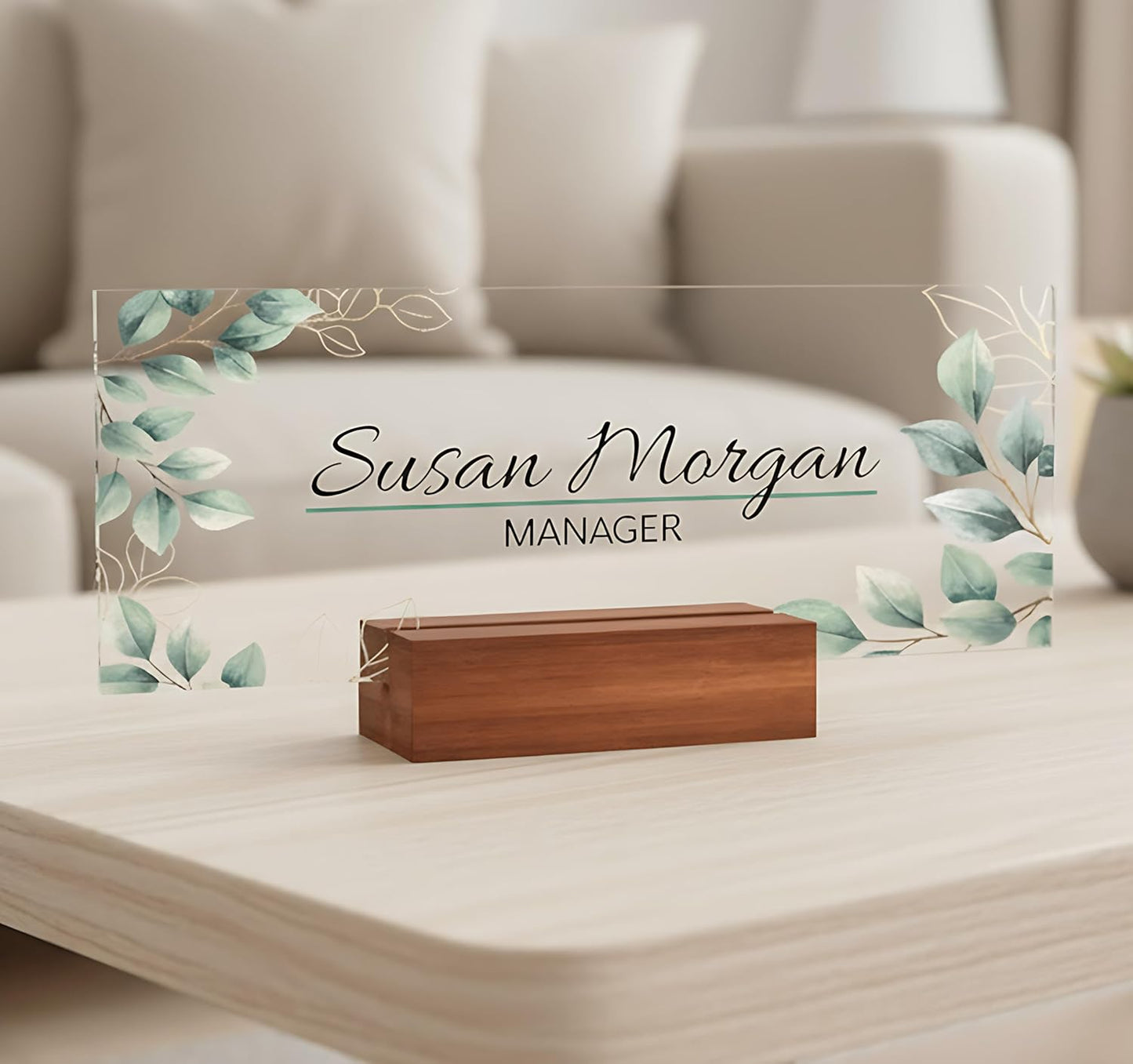 Personalized Name Plate for Nameplate Sign Modern Office Business Decor Executive Desk Name Plate Desk Name Sign Flower Floral green Leaves metallic foil (8"x3")