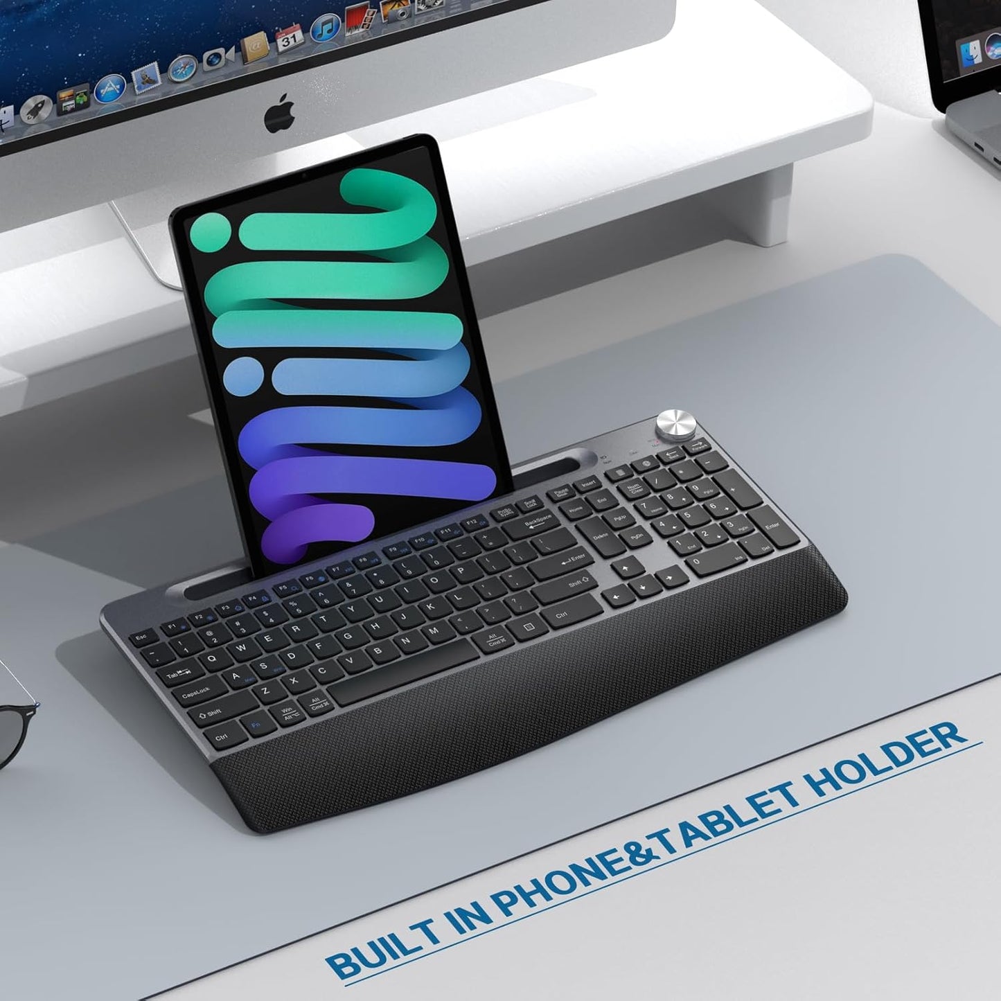 Ergonomic Wireless Keyboard with Wrist Rest-Low-Profile,Phone/Tablet Holder,Quiet Design，Windows & Mac OS，Full Size Cordless USB Computer Keyboard for Desktop,Laptop, PC, Mac, Windows-Black