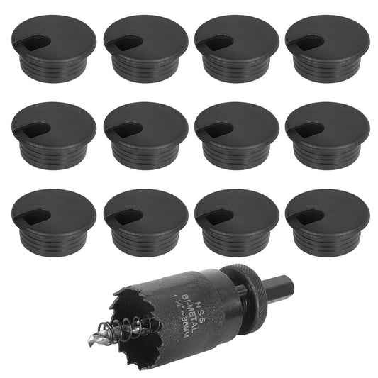 1-1/2" Black Desk Grommet with Bi-Metal Hole Saw, JTemgle Plastic Cable Hole Cover Computer Table Cord Wire Organizer Caps, Desktop Cord Management for Home Office TV Stands Tabletops, 13 Pieces