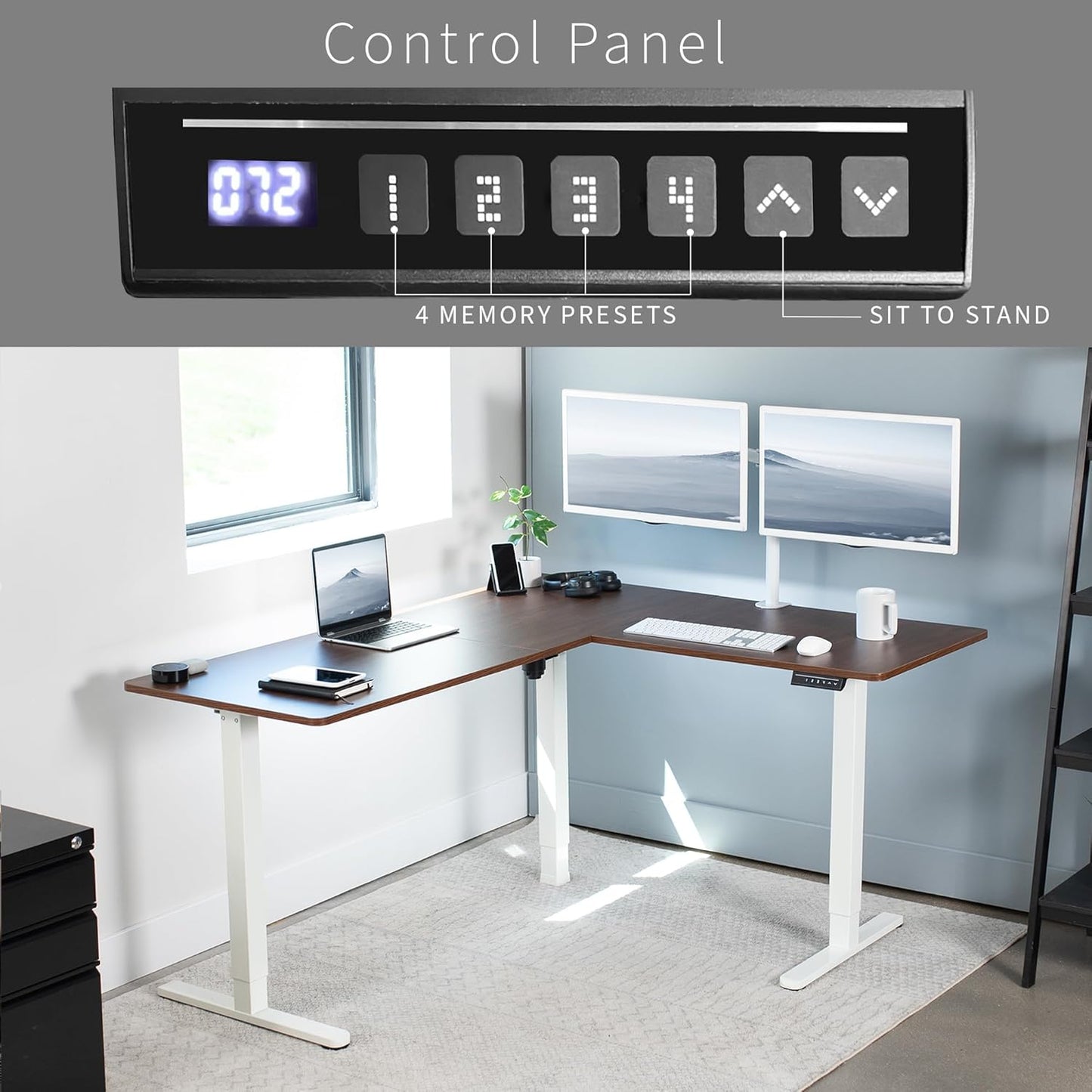 VIVO Electric Corner L-Shaped 63 x 55 in Standing Desk, Memory Height Adjustment, Dark Walnut Top White Frame, DESK-E3CTWD