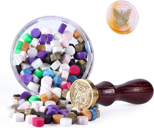 YIPLED 240-Piece Sealing Wax Beads Kit with Butterfly Wax Seal Stamp and Storage Can for Invitations, Cards, Envelopes, Gifts, Letters, Crafts (Mixed Color)
