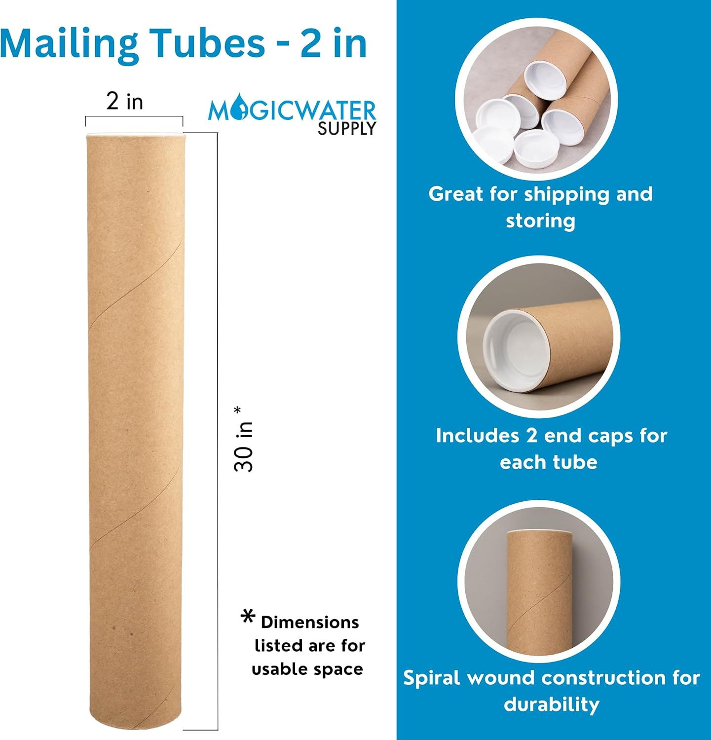 MagicWater Supply Mailing Tube - 2 in x 30 in - Kraft - 2 Pack - for Shipping and Storage of Posters, Arts, Crafts, and Documents