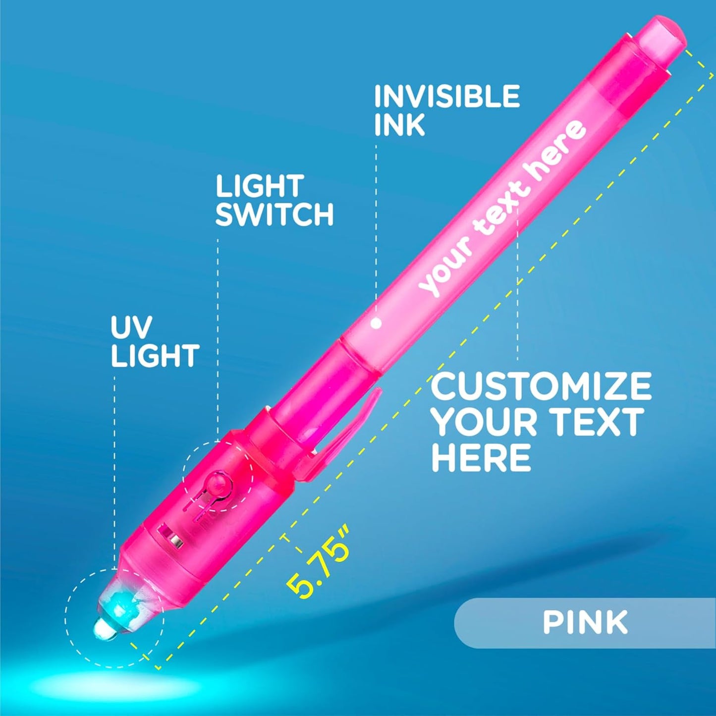 Personalized Invisible Disappearing Ink Pen Marker, Custom Secret Spy Message Writer with UV Light, Fun Activity Entertainment for Kid Party Favors Ideas Gifts and Stock Stuffers, 12 Pack, Pink