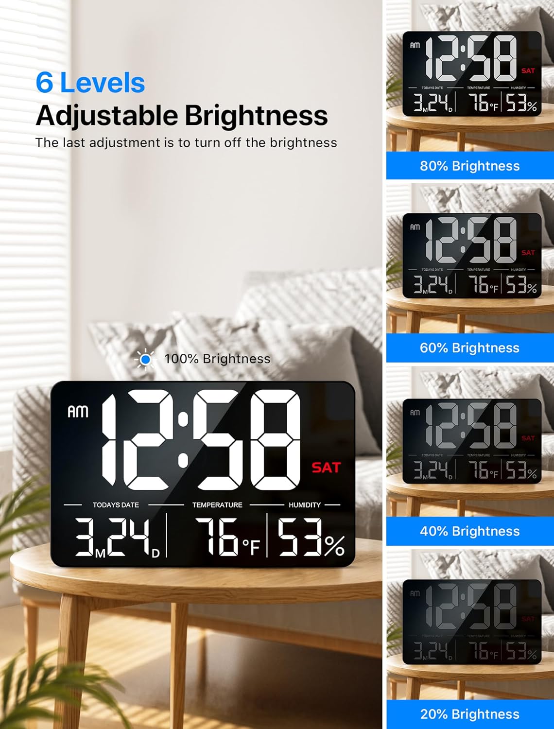 MASHI Digital Clock,13" Large Display Digital Wall Clock, Adjustable Brightness Calendar Clock with Day and Date,DST,Alarms,Humidity, Temperature for Desk, Wall Mounted, Gift for Elderly
